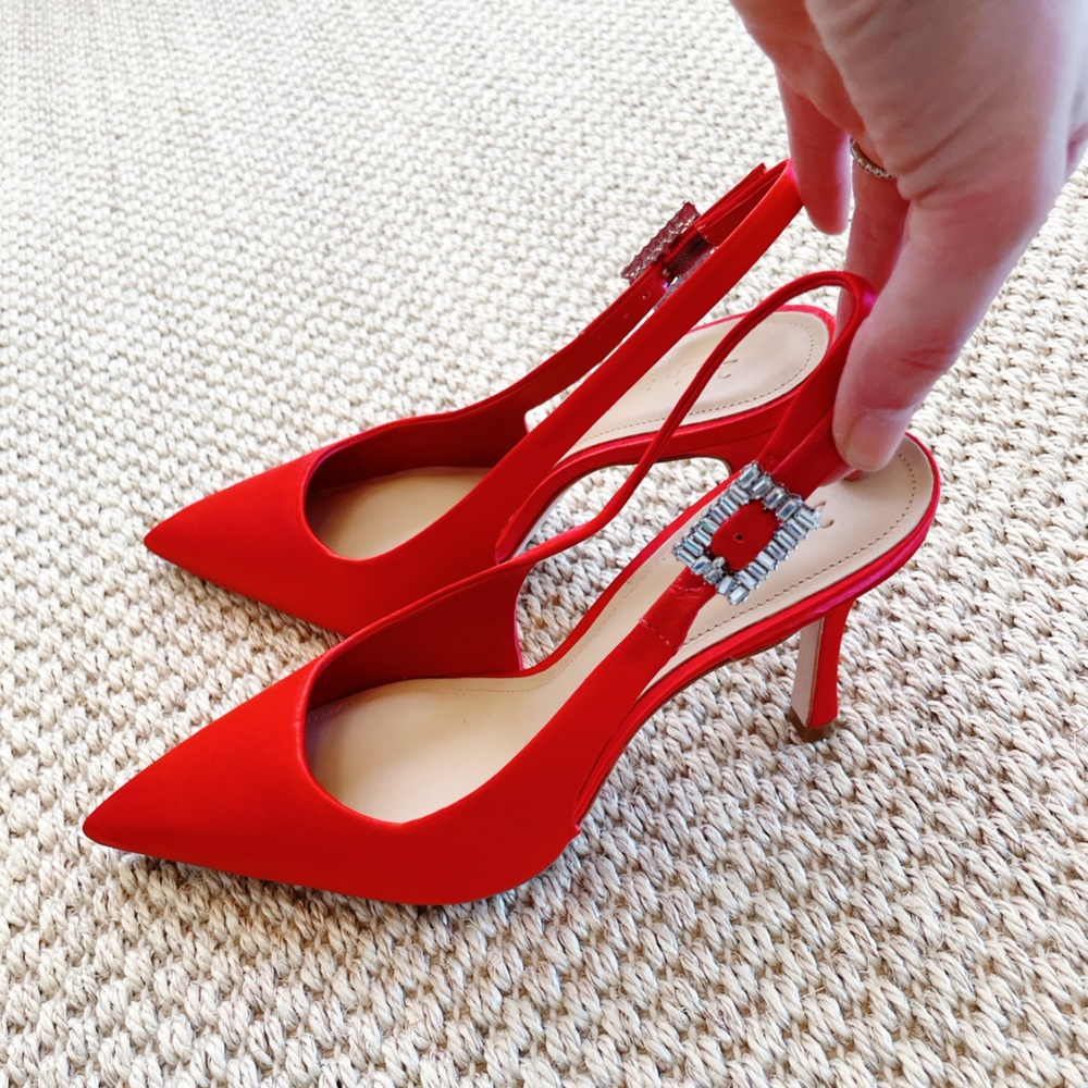 NEW Eleven22 Red Satin Slingback Heels Rhinestone Buckle Size 7 - saks fifth ave - Picture 3 of 8